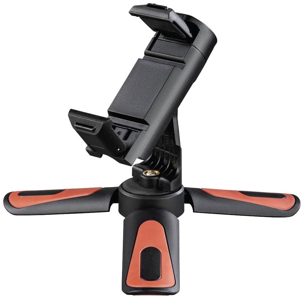 Un petit support de trépied pliable avec trois pieds et un support de téléphone en haut, adapté pour des prises de vue vidéo ou photographiques stables.