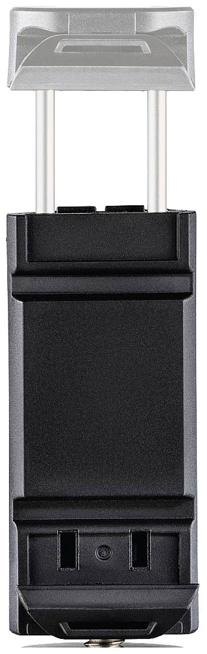 Un adaptateur électrique noir à deux prises, avec un couvercle de protection argenté sur le dessus.