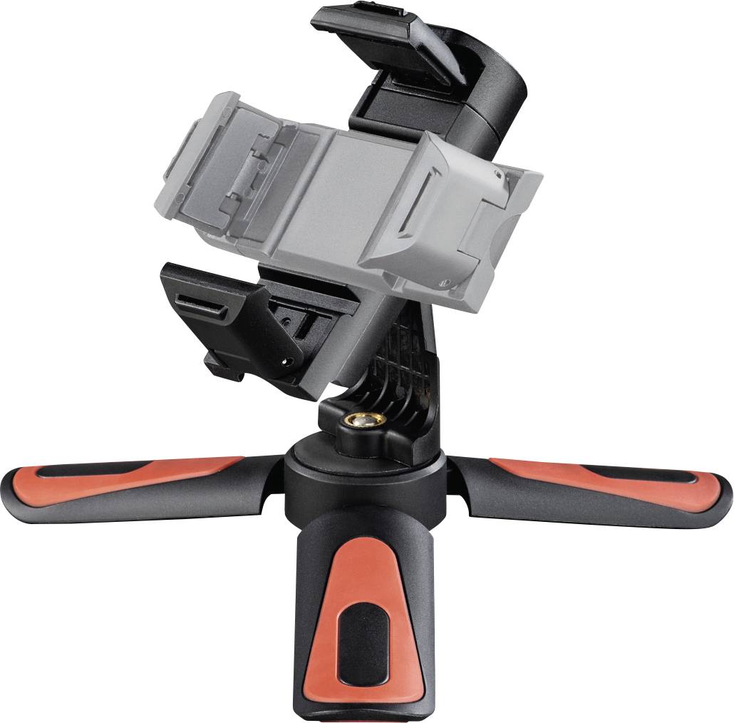 Un support de smartphone compact, noir et rouge avec un trépied ajustable, adapté pour des prises de photos ou de vidéos stables.