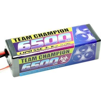 Batterie avec inscription 'Team Champion 6500 mAh, LiPo 55C 3S 11,1V, 72,2Wh'. Adaptée aux modèles réduits et aux applications à haute performance.
