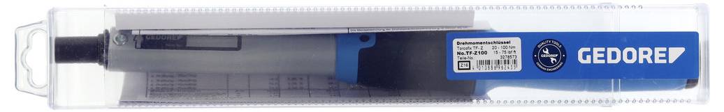 Une clé dynamométrique dans un étui en plastique transparent avec un emballage bleu et blanc étiqueté 'GEDORE'.