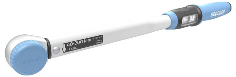 Une clé dynamométrique réglée pour appliquer entre 40-200 Nm, présentant un design bleu et gris avec un affichage numérique sur la poignée.