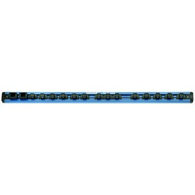 Un support bleu pour épingles de sûreté avec plusieurs épingles alignées sur une tige métallique, offrant une solution de rangement organisée.