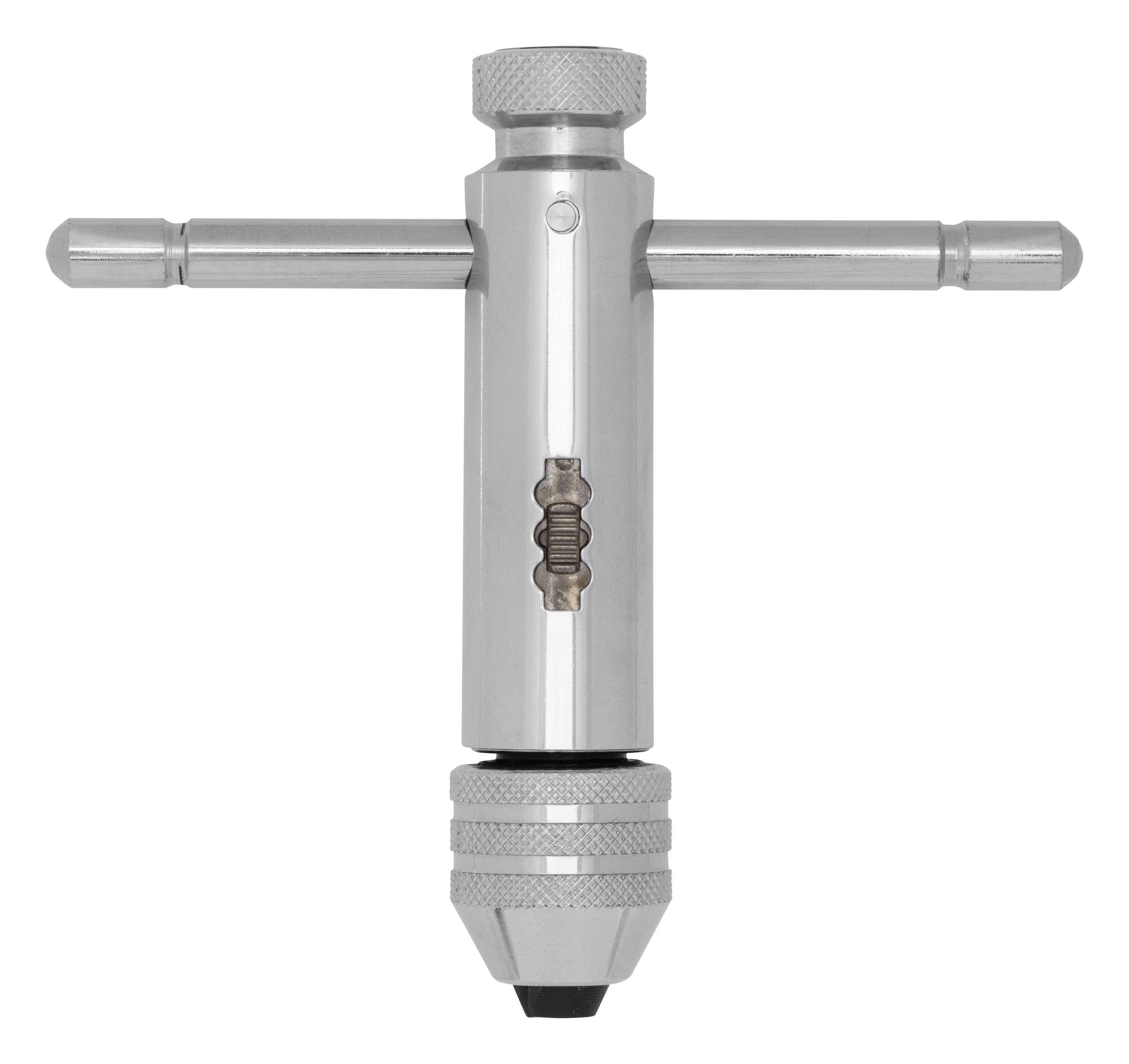 Un support de taraud en métal argenté en forme de T, avec mandrin réglable. Utilisé pour maintenir des outils tels que les tarauds.