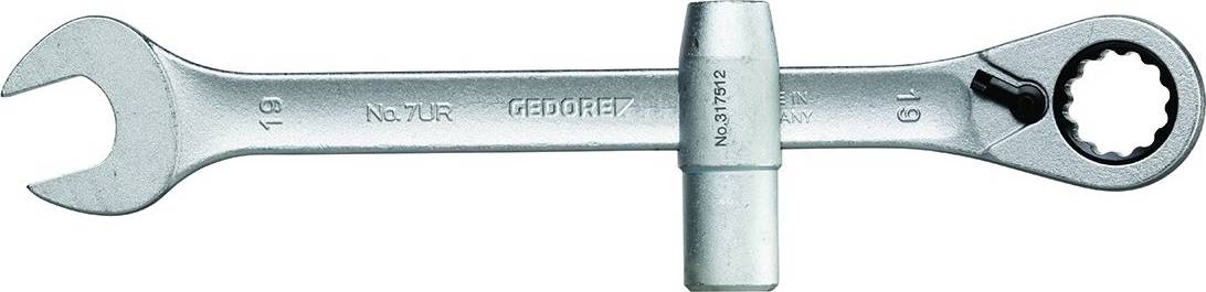 Une clé polygonale en argent de la marque GEDORE avec un côté ouvert et un côté fermé, avec un adaptateur cylindrique fixé dessus.