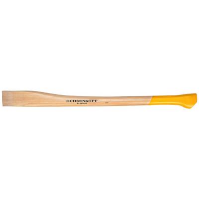 Manche à bois portant l'inscription 'OCHSENKOPF' avec une extrémité jaune, typiquement utilisé pour des haches ou des outils.