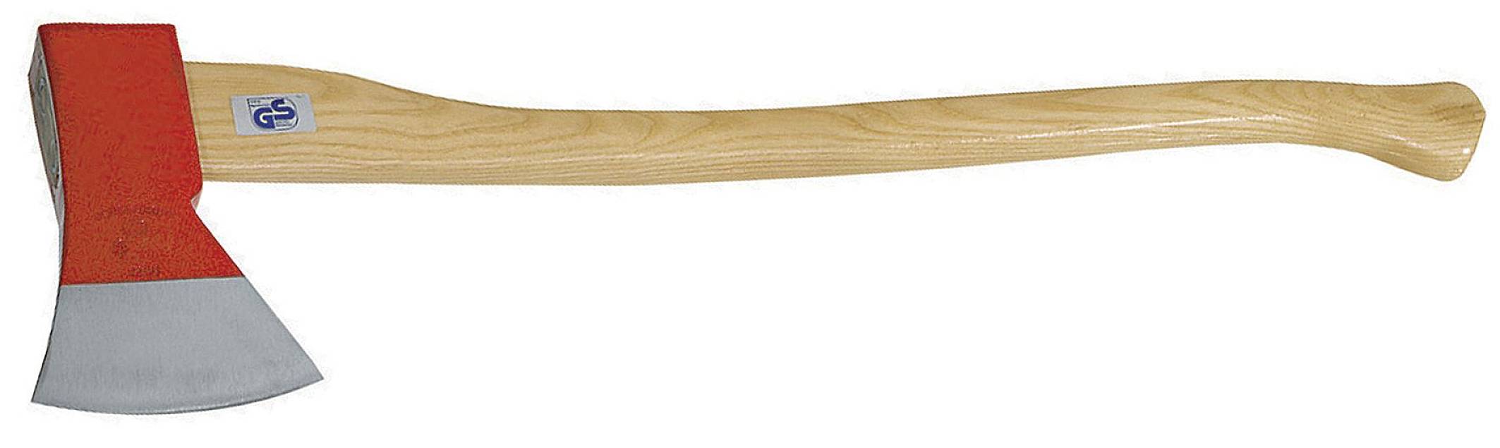 Hache en bois avec un long manche courbé et une tête rouge.
