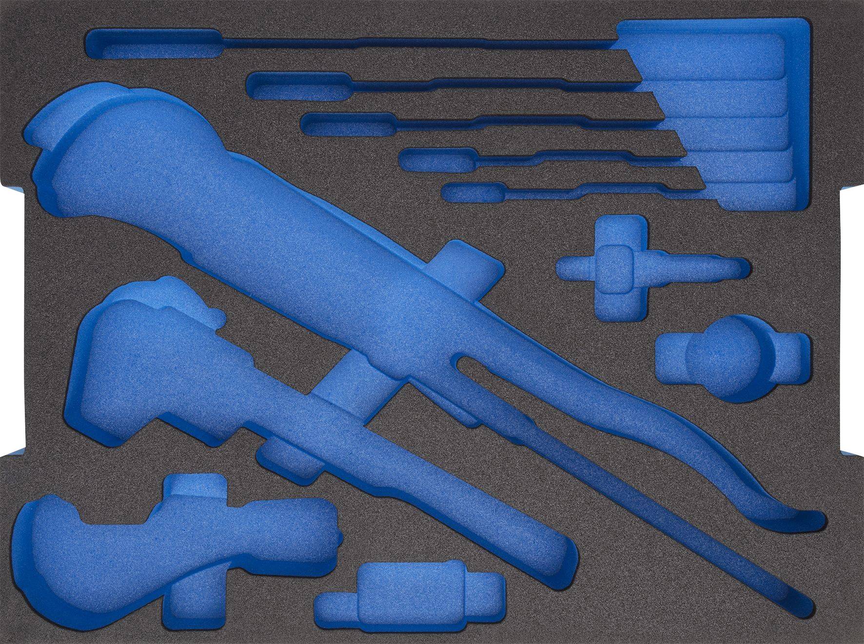 Insertion en mousse bleue avec découpes pour outils, dans une forme rectangulaire noire, servant à l'organisation et à la protection.