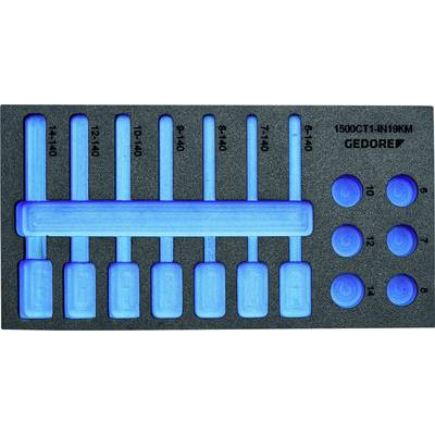 Boîte à outils avec emplacements de rangement éclairés en bleu pour différentes tailles de douilles. Marque 'Gedore'.