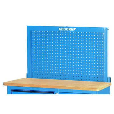 Panneau à outils bleu et plan de travail de 'GEDORE', avec un motif perforé pour le rangement des outils sur le mur.
