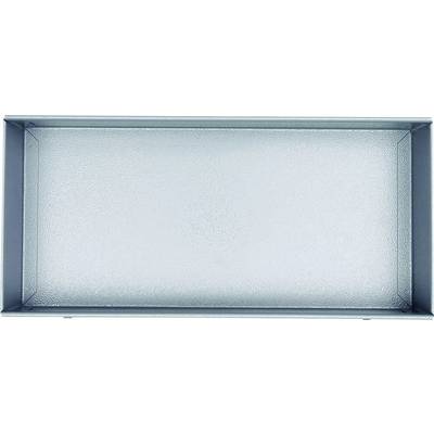 Boîte rectangulaire en métal vide avec un fond légèrement texturé, vue de dessus.