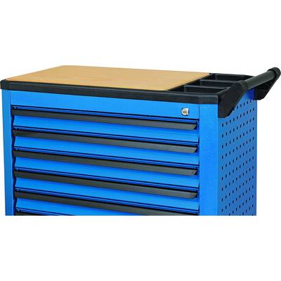 Armoire à outils bleue sur roulettes, équipée de plusieurs tiroirs et d'un couvercle en bois, avec un motif perforé sur le côté pour la fixation d'accessoires.