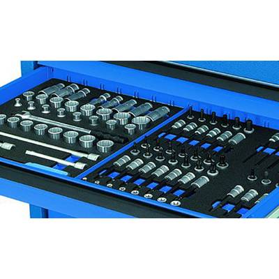 Une boîte à outils ouverte avec différentes noix et clés à douille disposées dans un motif ordonné, boîtier bleu.