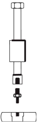 Vue éclatée d'un assemblage boulon et écrou, montrant une fixation filetée passant à travers un bloc rectangulaire et s'insérant dans un collier cylindrique fendu.
