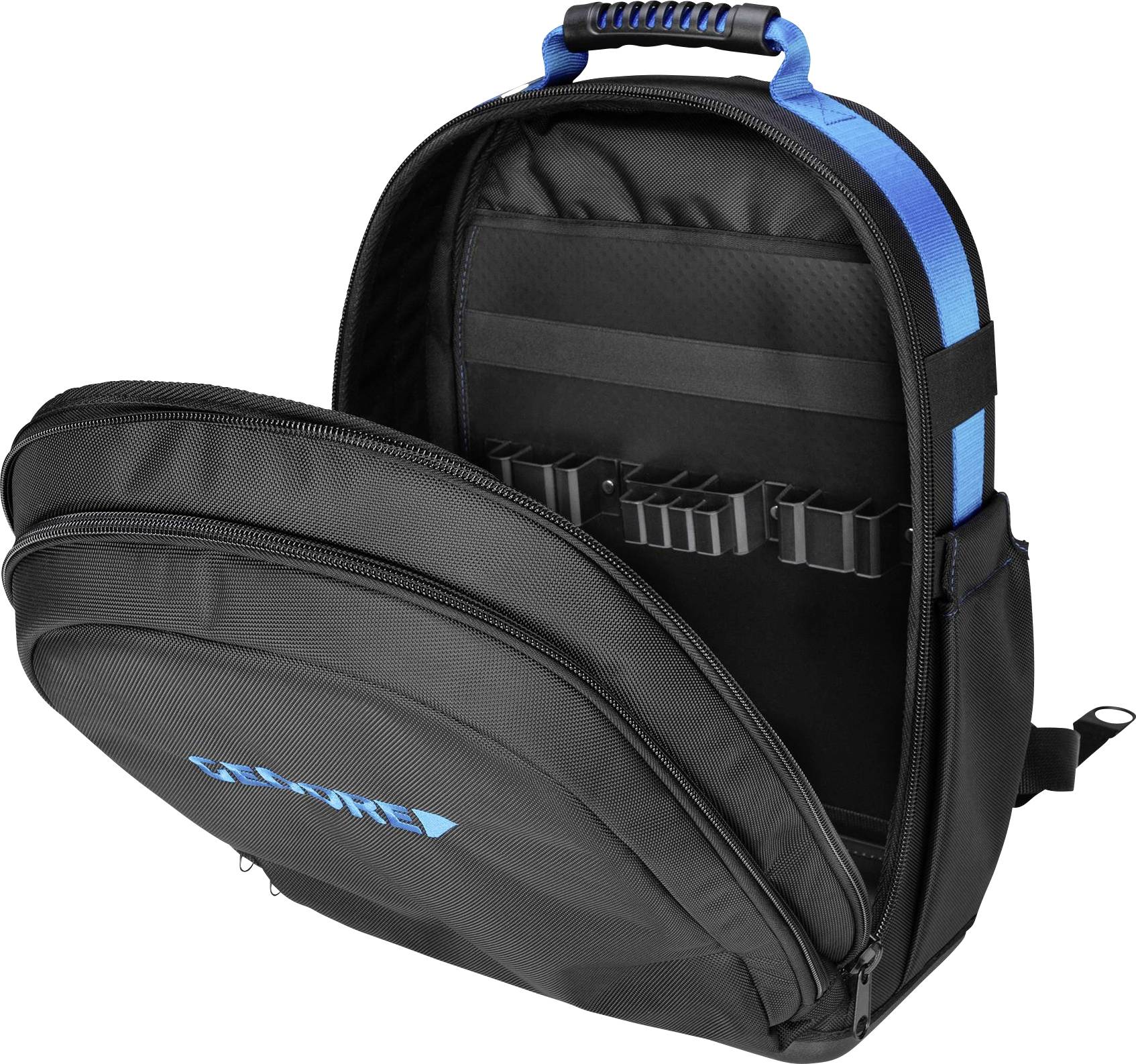 Un sac à dos noir avec le compartiment principal ouvert et plusieurs poches intérieures, adapté à l'organisation des objets.