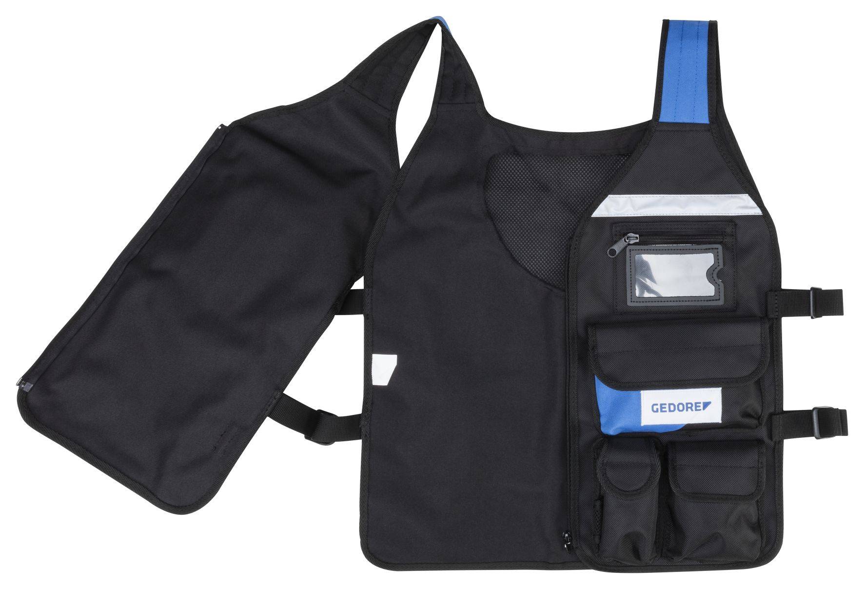 Gilet à outils noir avec plusieurs poches et une zone d'épaule bleue, adapté pour le rangement des outils et accessoires.