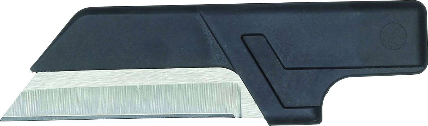 Outil noir et rectangulaire doté d'une lame tranchante de forme trapézoïdale, probablement un cutter pour l'emballage.