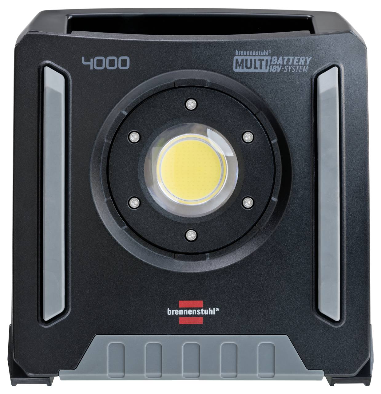 Un projecteur de chantier LED noir avec un élément lumineux jaune et un logo de marque au centre, compatible avec les systèmes multi-batteries 18V.