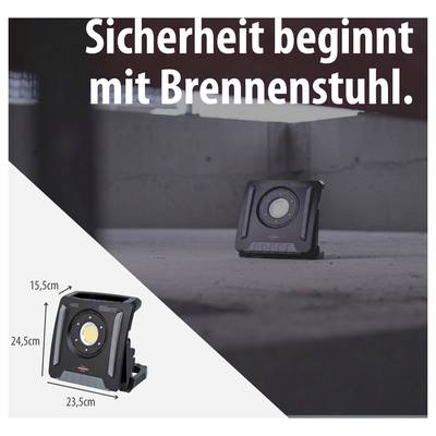 Image publicitaire pour un projecteur de chantier Brennenstuhl ; en haut, il est écrit « La sécurité commence par Brennenstuhl. », en bas à gauche le produit avec les dimensions 24,5 cm, 23,5 cm et 15,5 cm.