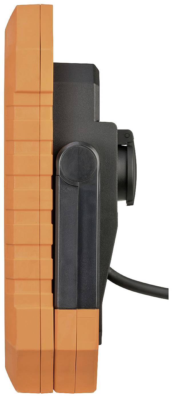 Vue latérale d'un appareil compact noir et orange avec une connexion de câble, probablement un moniteur ou un écran industriel.