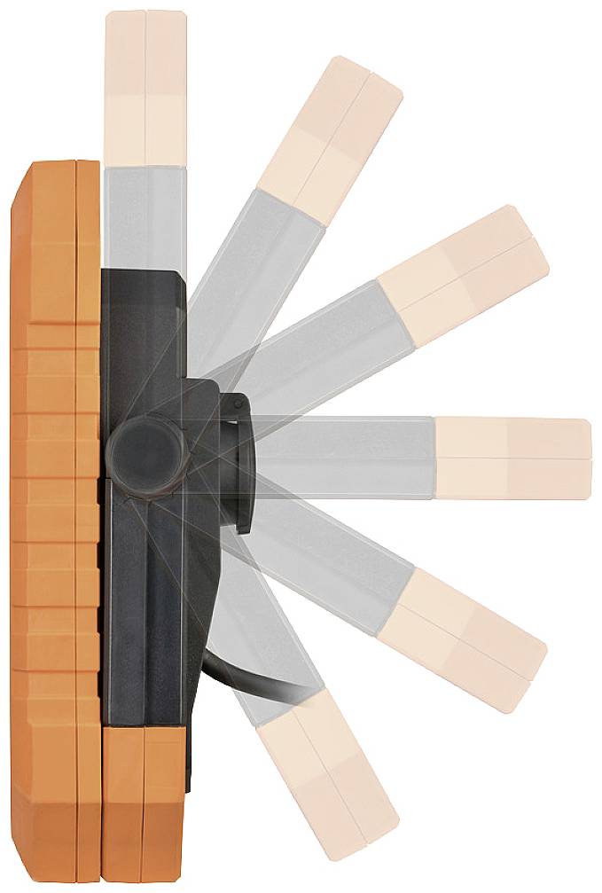 Une image montre une lampe pliante orange et blanche en rotation. La lampe pivote sur 180 degrés pour offrir un éclairage flexible dans différentes directions.