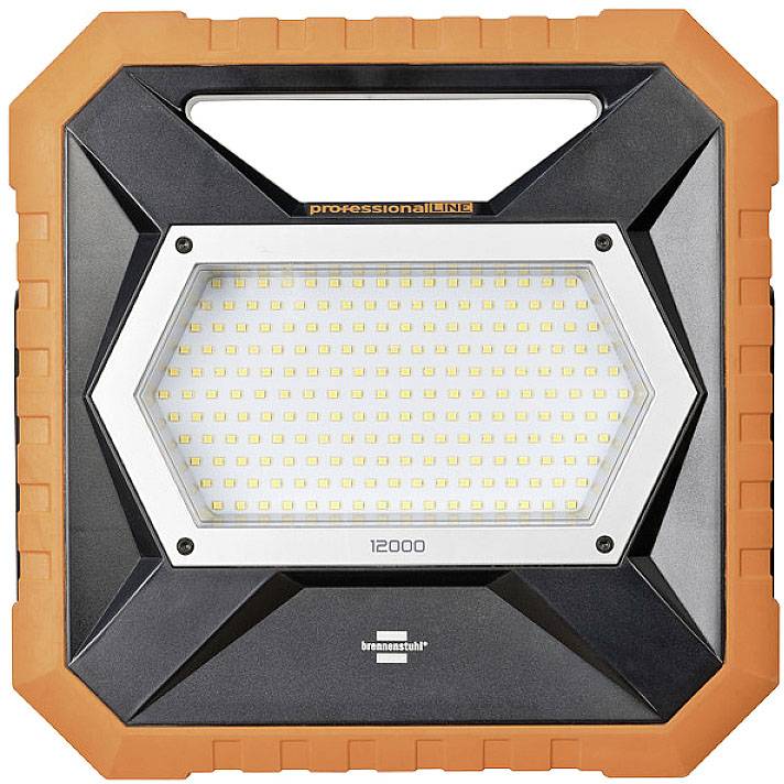 Un projecteur LED portable pour chantier avec des bords orange et un boîtier noir. Inscription : 'professional LINE' et '12000'. Idéal pour un éclairage puissant.