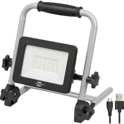 Lampe de travail LED portative sur un support métallique avec poignées ajustables et câble d'alimentation USB, présentée sur fond blanc.