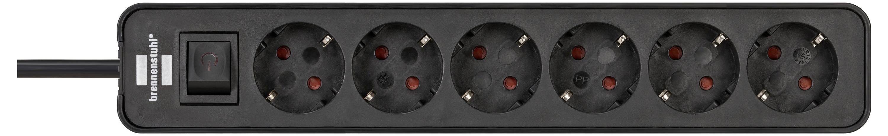 Bande d'alimentation noire avec six prises rondes et un interrupteur marche/arrêt illuminé en rouge sur la gauche.