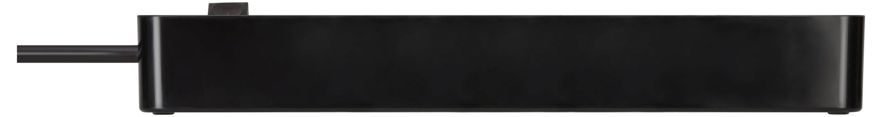 Bloc d'alimentation ou parasurtenseur rectangulaire noir avec un cordon sur la gauche, présenté horizontalement sur un fond blanc.