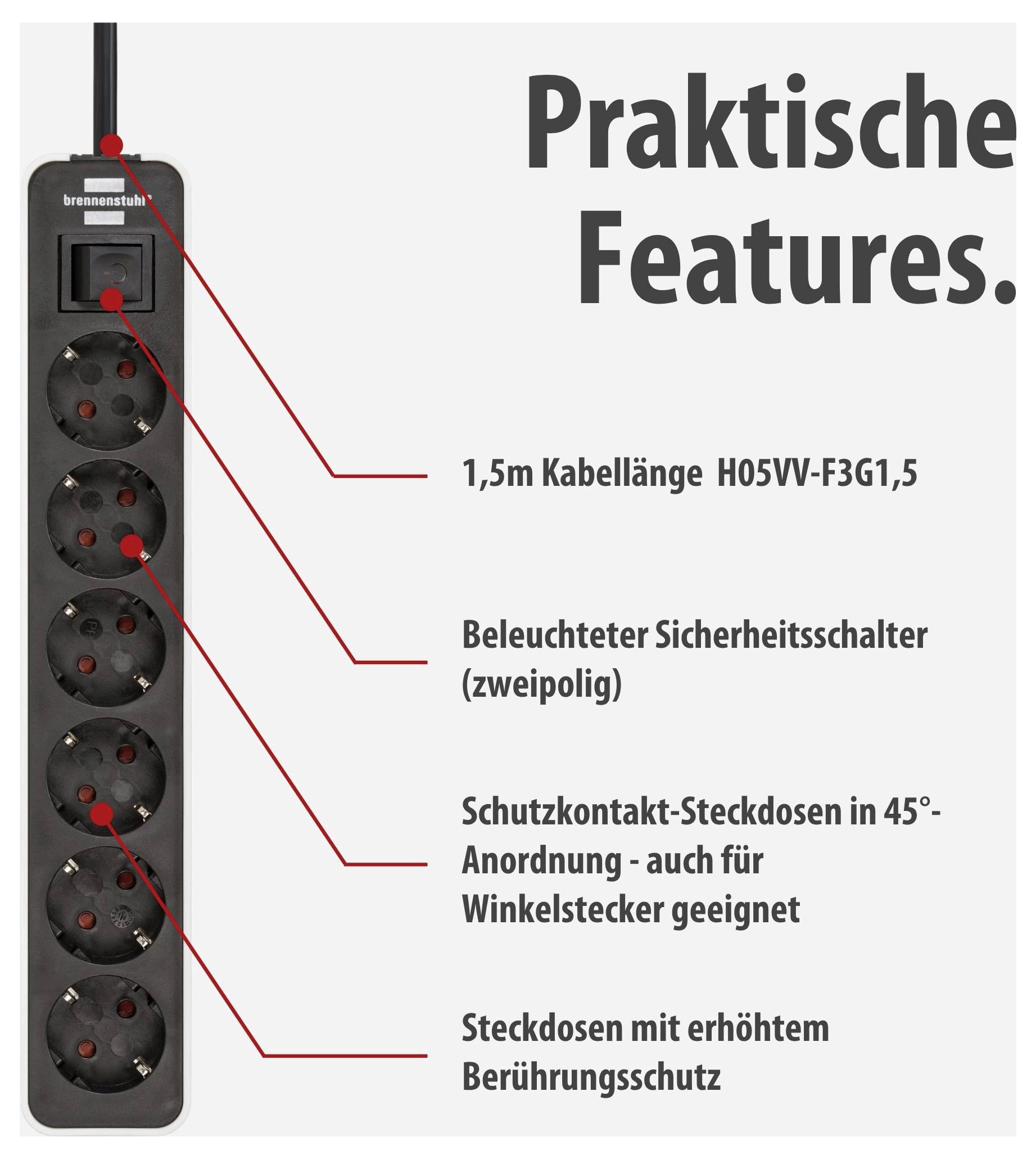 Bloc multiprise avec interrupteur Brennenstuhl 1153260020 x6 blanc, noir contact de protection 1 pc(s)-2