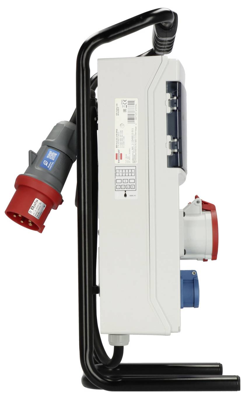 Unité de distribution de puissance portable industrielle avec cadre de transport noir, prises électriques rouge et bleu montées latéralement, et boîtier de contrôle blanc