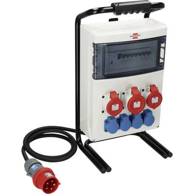 Boîtier de distribution électrique portable avec poignée et support, présentant plusieurs prises de courant industrielles rouges et bleues et une fiche de câble connectée.
