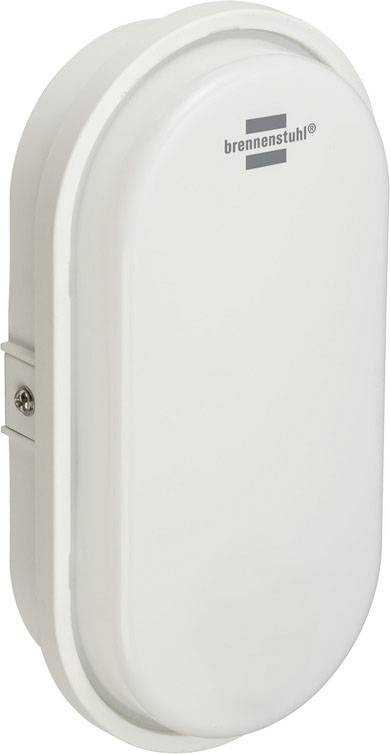 Applique murale blanche ovale de la marque Brennenstuhl, conçue pour une fixation murale par vis latérales, adaptée aux espaces intérieurs et extérieurs.