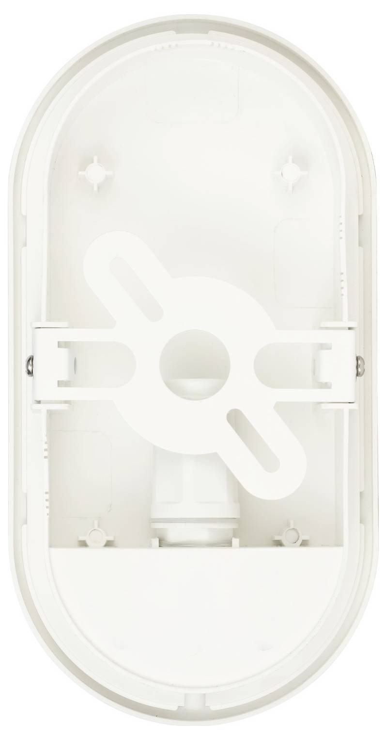 Vue de dessus d'un support mural en plastique blanc de forme ovale avec une ouverture circulaire centrale et des bras de support en forme de croix.
