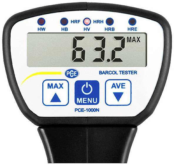 Testeur de dureté Barcol numérique affichant la valeur '63,2 Max'. Appareil avec touches 'MAX', 'MENU', 'AVE', adapté pour les tests de matériaux.