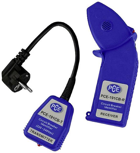Deux appareils bleus, un émetteur et un récepteur, destinés à l'identification des circuits de sécurité. Les deux portent le logo PCE.