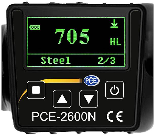 Appareil de mesure numérique avec un affichage vert indiquant '705 HL', 'Steel 2/3'. Touches de contrôle et bouton de mise en marche visibles en dessous.