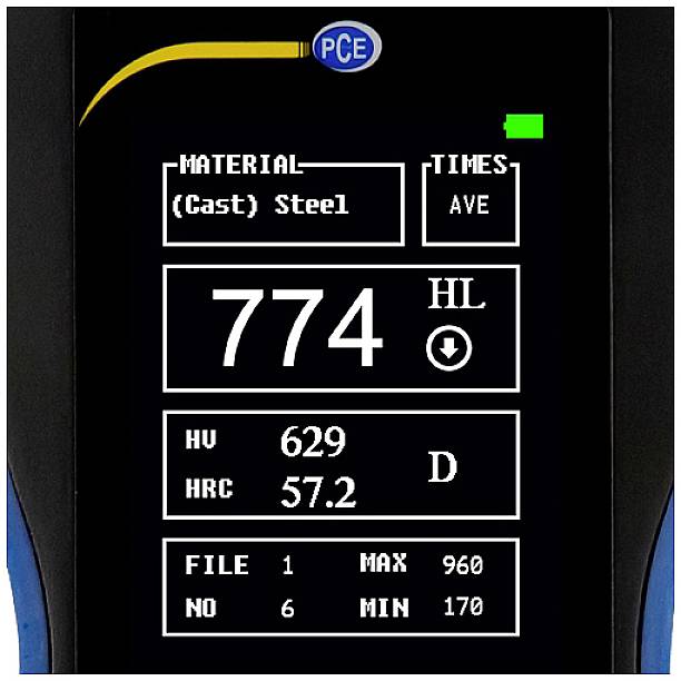 Appareil de test de dureté numérique indique une valeur de dureté de 774 HL (Acier moulé), HRC 629 et HV 57.2 D. Fichier 1 avec Max 960, Min 170.