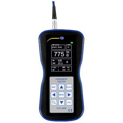 Un appareil portable de mesure de dureté avec affichage numérique indique une dureté de 775 pour l'acier. Des touches pour le menu, l'échelle et les paramètres sont visibles.