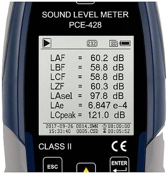 Affichage de l'appareil de mesure du niveau sonore avec les valeurs : LAF 60,2 dB, LBF 58,8 dB, LCF 58,8 dB, LZF 60,3 dB, LAe 6,847 e-4, LCpeak 121,0 dB.