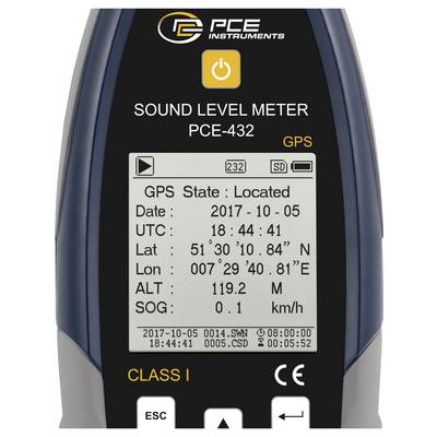 Vue de face d'un sonomètre PCE Instruments PCE-432 affichant le statut GPS « Localisé » et les coordonnées, avec les marquages de Classe I et CE.