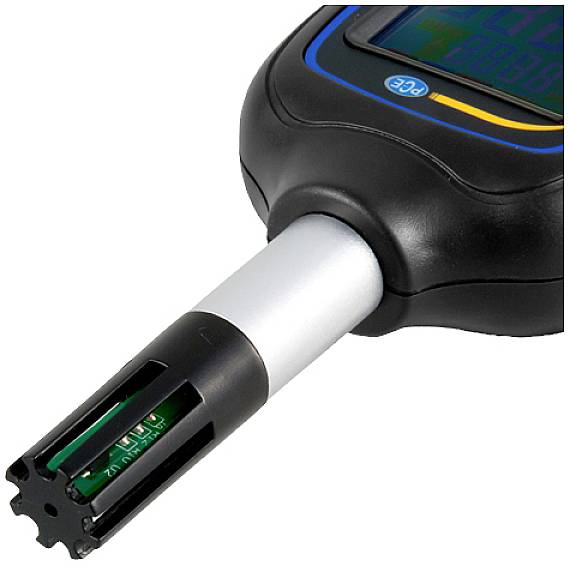 Sonde de mesure numérique, utilisée pour la surveillance de la qualité de l'air. Affiche les données sur un écran, typiquement pour la température et l'humidité.