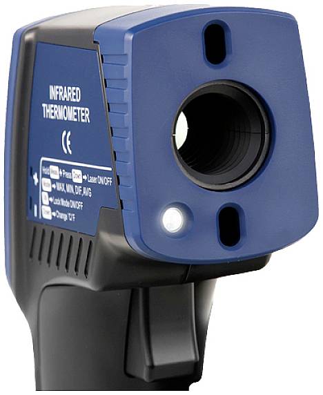 Thermomètre infrarouge à main avec écran, visée laser et affichage de la température, utilisé pour mesurer sans contact les températures de surface.