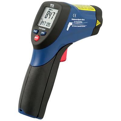 Un thermomètre infrarouge affiche une température de 84 degrés Fahrenheit. Il possède une poignée bleue et noire avec un bouton rouge.