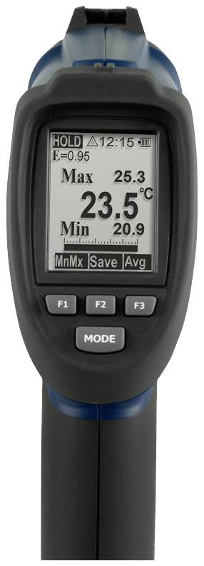 Thermomètre infrarouge numérique avec écran, affichant une température maximale de 23,5 degrés Celsius.
