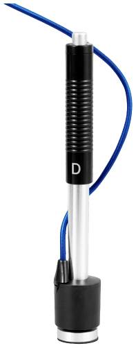 Un microphone avec une poignée noire et un câble bleu, positionné verticalement.