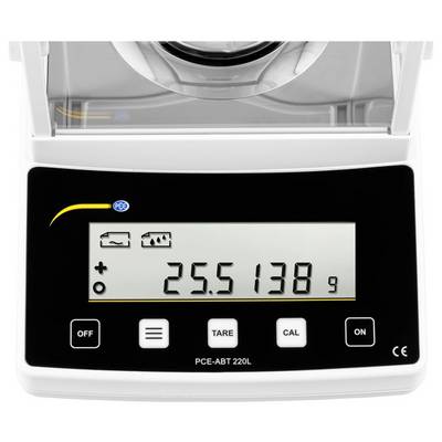 Affichage de balance numérique de précision montrant une lecture de poids de 25,5138 g avec des commandes pour arrêt, menu, tare, étalonnage et marche.