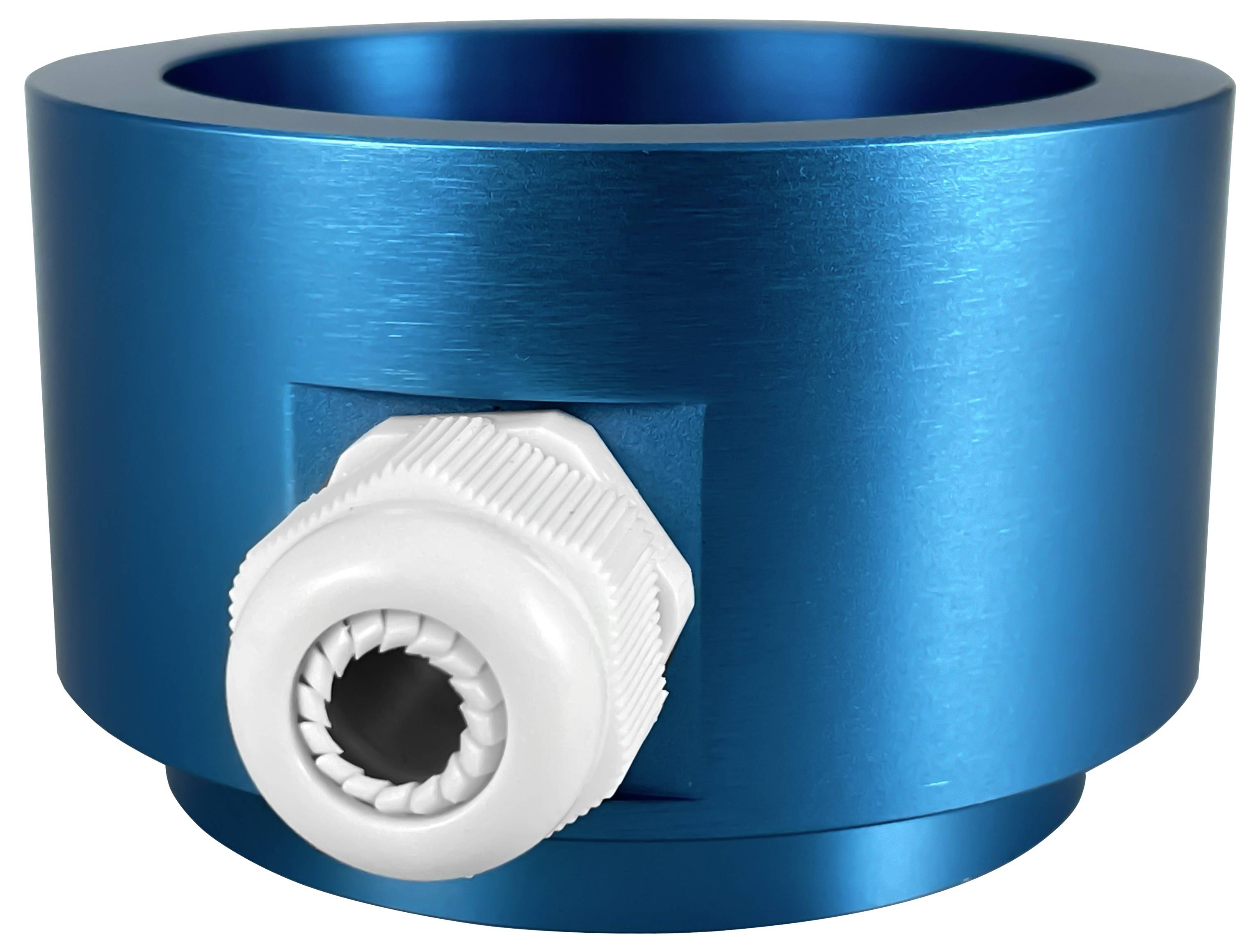 Raccord métallique cylindrique bleu avec un presse-étoupe en plastique blanc faisant saillie sur le côté.