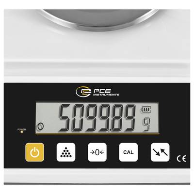 Affichage de balance numérique affichant 50.989 avec indicateur de batterie et boutons d'alimentation, zéro, CAL et de fonction sur un appareil PCE Instruments.