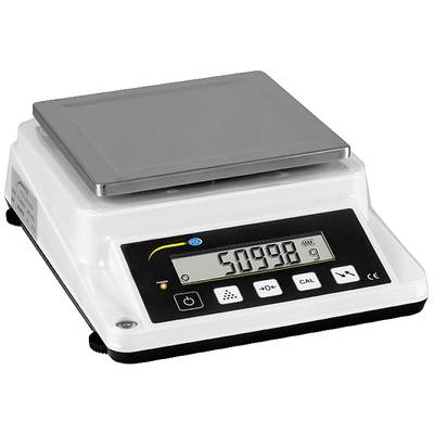 Balance de précision numérique affichant un poids de '50998 g' sur l'écran. Plateforme carrée, plusieurs touches de fonction en dessous.